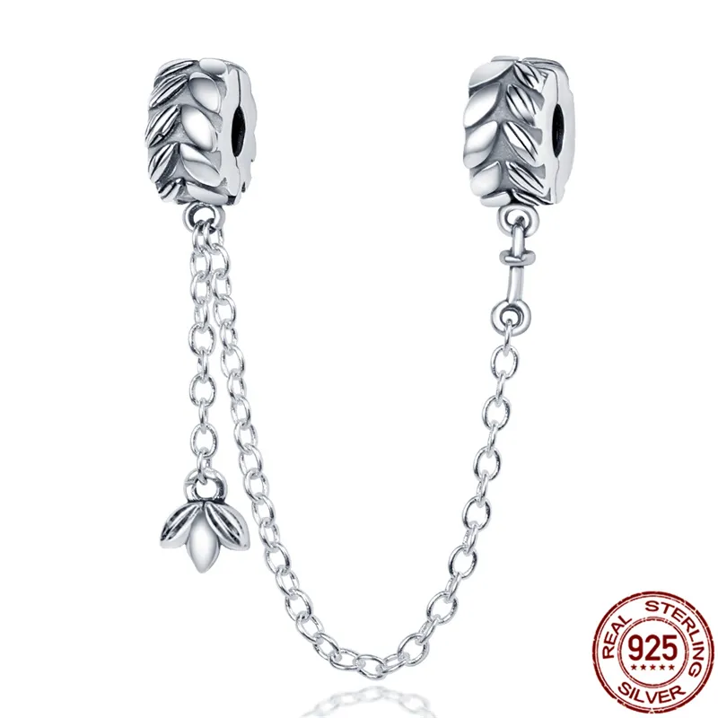 Neue 100 % 925 Sterling Silber Blume Sicherheitskette Charms Perle für Pandora Armband Anhänger Frau Mode Edlen Schmuck