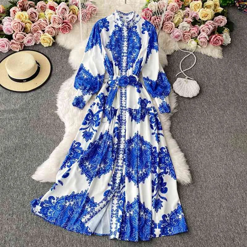 Jastie Outen Folk Retro Print Женская платье Стенд Воротник Фонарь Рукав Ретят Maxi Платья Boho Повседневная Пляж Длинные Vestidos 210419