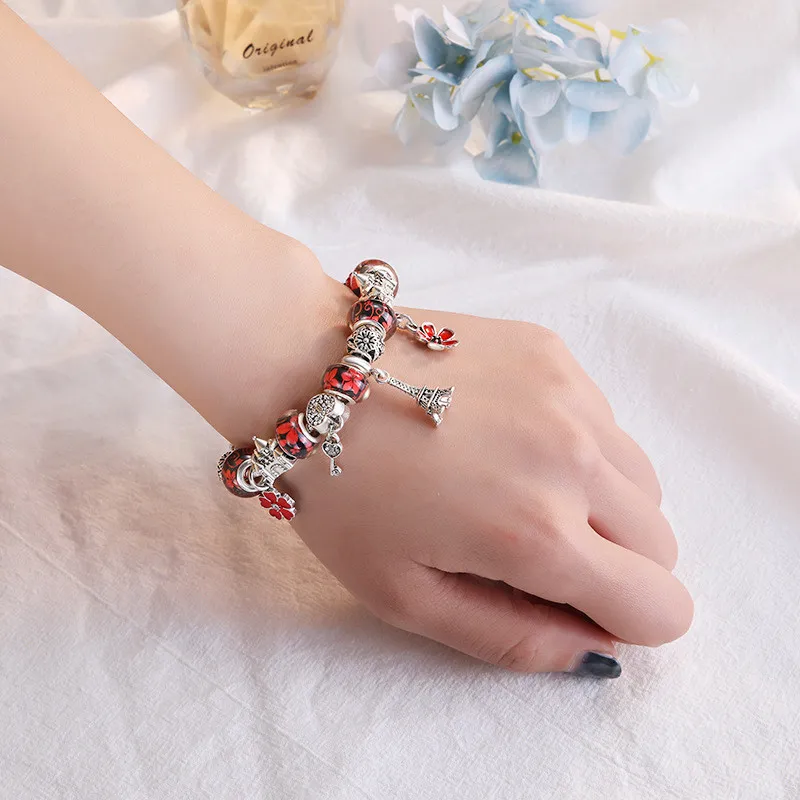 2021 druck Kristall Perlen Armband Blume Anhänger Pandora Original Diy Inlay Armbänder Mode Schmuck Für Frauen Party Geschenke