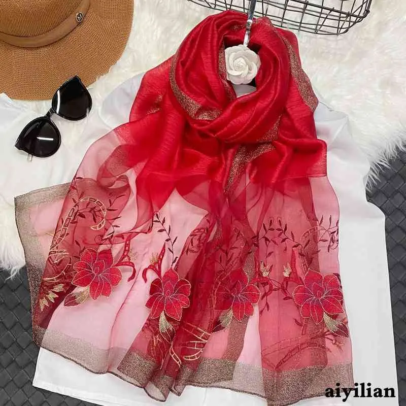 Lady Floral Haft Silk Wool Scarf Kobiety Hidżab Kobiet Foulard Pashmina Długie Stole Szal Wrap Wiosna Ciepłe Szaliki Bandana Y220228