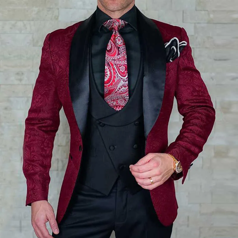 Slim Fit Hochzeit Trauzeuge Smoking 3 Stück Blumenmuster Männer Anzüge mit Hosen Männliche Mode Jacke Weste Männliches Kostüm 2021 X0909