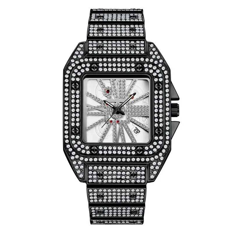 Horloges Hip Hop Cool heren Horloges Luxe Diamond Quartz Horloge Kalender Vierkante Iced Out Reloj Hombre Drop241V