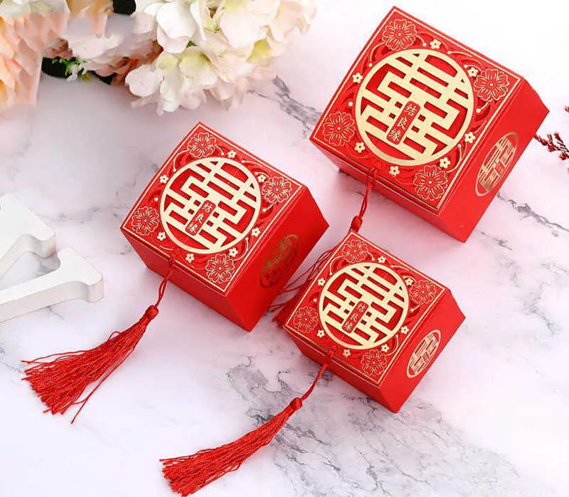 النمط الصيني الآسيوي الأحمر مزدوج السعادة مفضلات وهدبة مربع الحزمة العروس العريس حلوى 2108052800964