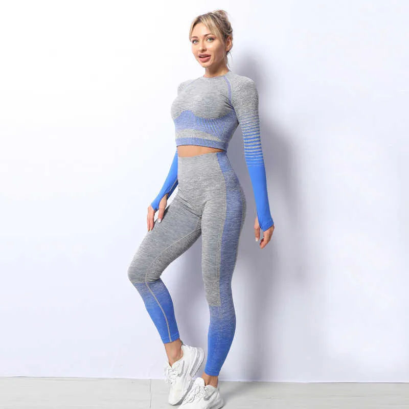 Kvinnor Gym Kläder Sportkläder Seamless Ombre Långärmad Yoga Set Legging High Waisted Fitness Suit Tight Work Out 210802