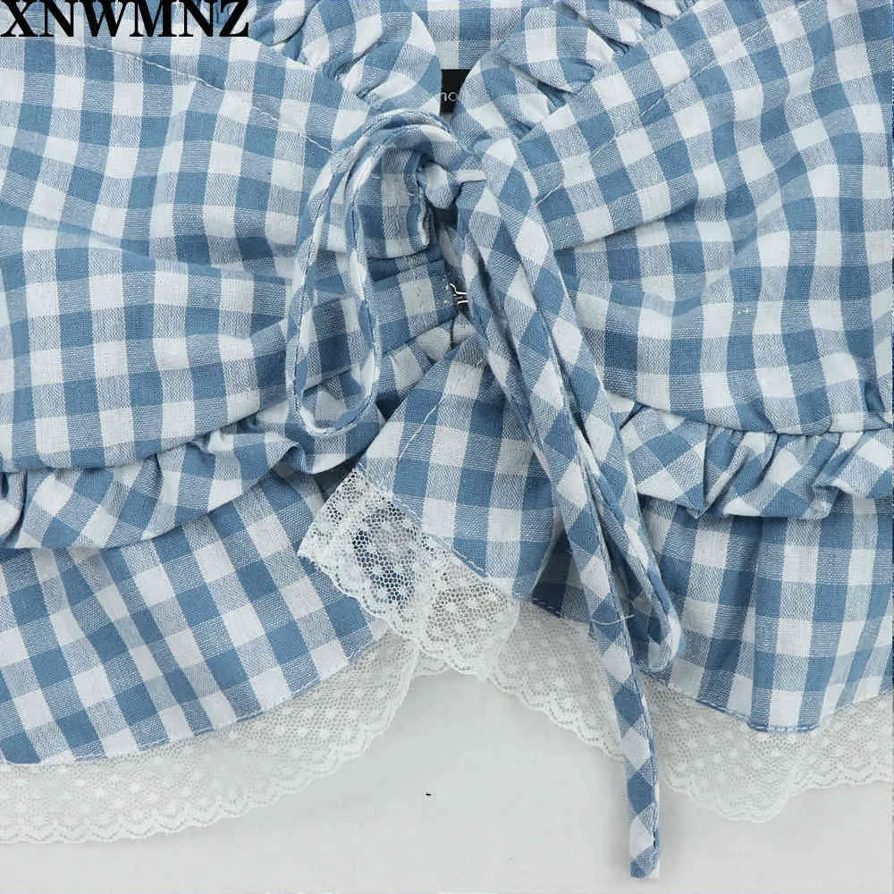 Chic Tartan Mavi Blusas Mujer De Moda Vintage Merkezi Yay Kadın Bluz Düğmeler Puf Kollu Kırpma Kısa Kollu Top 210520