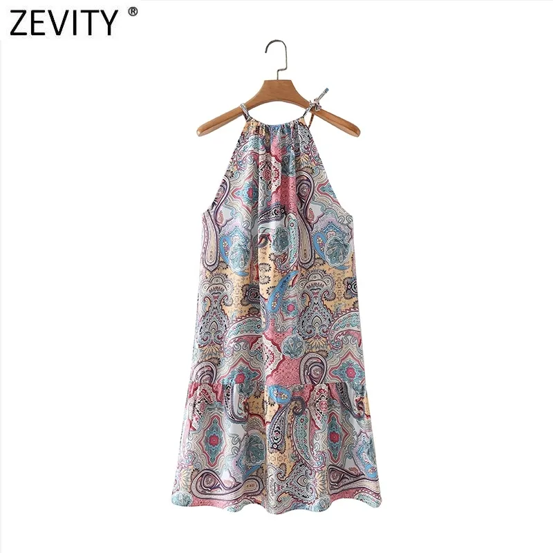 Zevity Kobiety Vintage Totem Neckew Nuts Flower Print Halter Mini Dress Kobiece Chic Czechy Vestidos Casual Odzież DS8322 210419