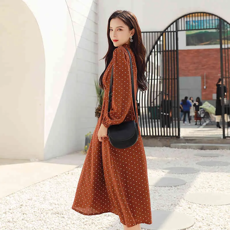 Elegant Over The Knee A-line Dresses Fashion Korean Style Loose Polka Dot Pullover Round Collar Mid-Length Long Dress 8835 210508