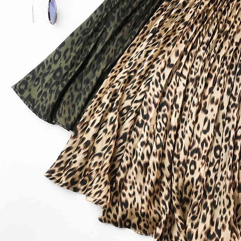 Qooth Autumn Women Skirts Retro Leopard Pleated Skirt Female Slim Floral Long Skirt Chiffon Elastic Waist Beach Skirt 6503 210518