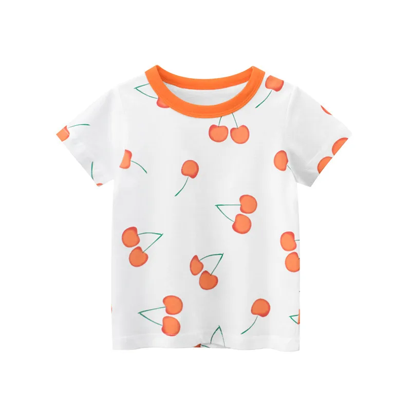 Baby Girls Fruits Print T-shirts Sommar Kids Girl Cherry Orange Tees Toddler Casual Kläder 2-7 år 210429