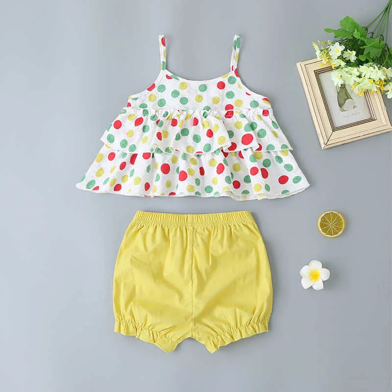 Summer Infant Barboteuses Vêtements Strap Dot Tops Bow Jaune Shorts Bébé Filles Costume 3-24M 210629