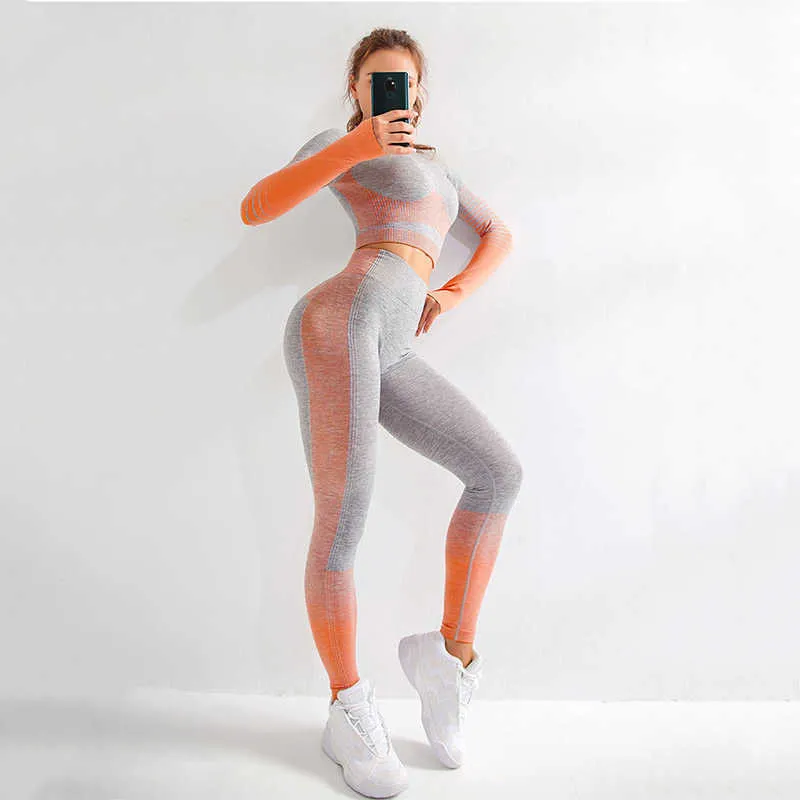 Women Seamless Yoga Set Fitness Sports Suits Gym Wear Long Sleeve Shirts High Waist Running Leggings 210802