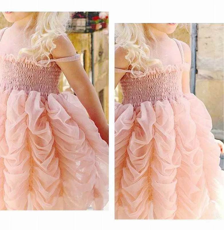 Girls Smocked Dress Pink Tulle Ballet Slip Children Princess Party for Kid Clothes E28128 210610