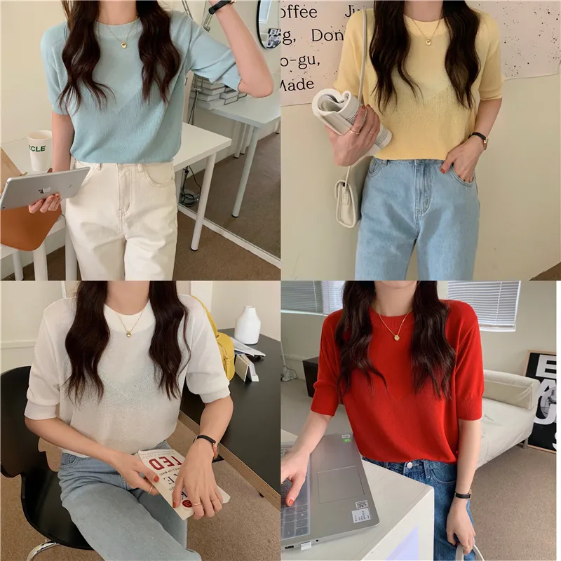 Fake Two Pieces Knitted Tshirt Tops Women Summer Short Sleeve O-neck Solid Tees Casual Fashion Korean Ladies T-shirt Femme 210513