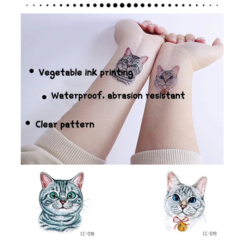 18 STILE Gatto e cane Impermeabile Tatoo Adesivo Simpatico tatuaggio Divertimento ambientale Cartone animato Tatuaggi temporanei Adesivi tatuaggi animali bambini