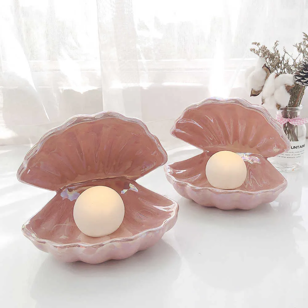 Keramisk Shell Pearl Lampa Bedroom Decor Night Light Streamer Fairy Shell for Girl Home Decoration Bedside Lamp Girl Present H0922