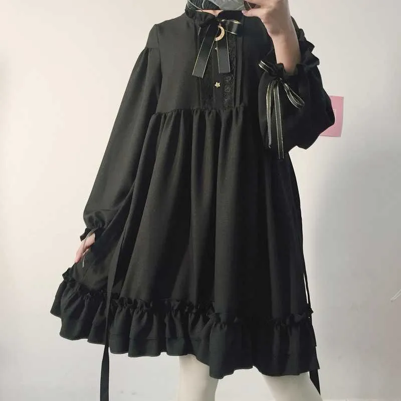 Harajuku giapponese donna volant nero abito manica lanterna stile lolita studente dolce kawaii carino fiocco ragazza chiffon 210623