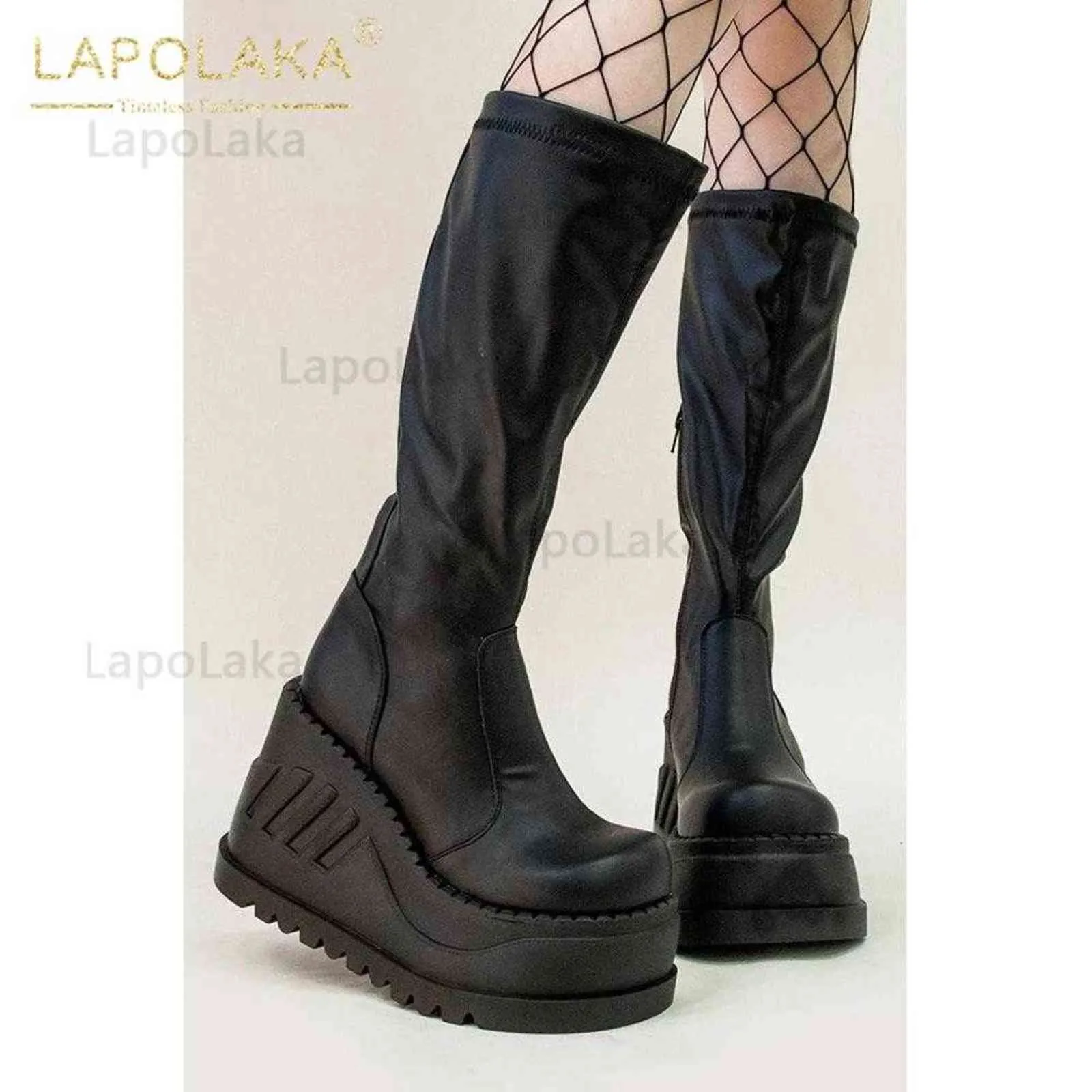 Brand Design Nero Big Size 34-50 Cool Punk Moto Stivali Piattaforma femminile Zeppe Tacchi alti Scarpe da donna 211104