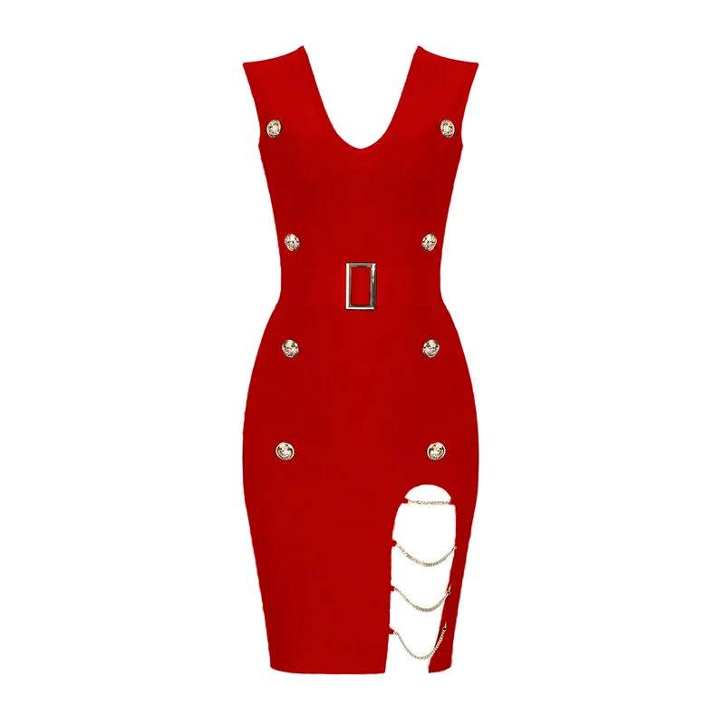 Nouveau femmes été Style Sexy col en V chaîne rouge bleu noir robe de pansement tricoté élastique moulante élégante robe de soirée 210331