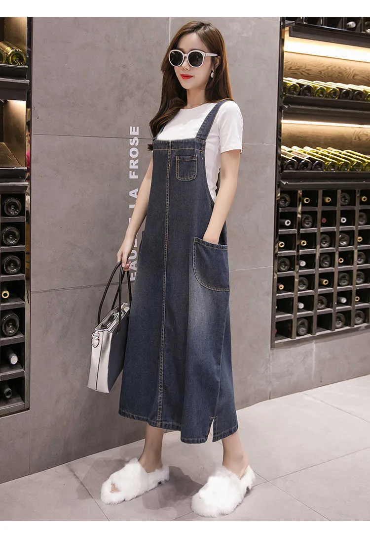 Denim Overalls Dress Women Loose Summer Mid-length Plus Size Female Slim A-line Sundress High Street Blue Jean 210604