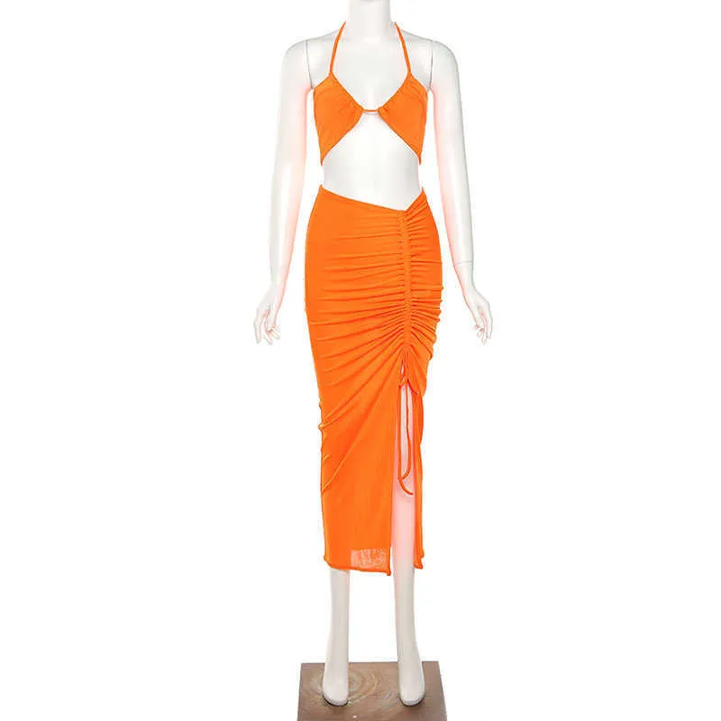 Conjunto de dos piezas de ropa de calle naranja neón a la moda, chándal para mujer, camisola con cuello Halter + faldas con cordón Midi, conjunto a juego, trajes femeninos 210625