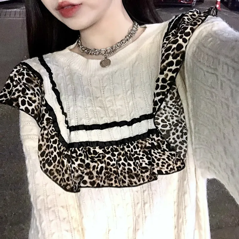Ezgaga leopardo ruffles malha camisola jumper mulheres outono inverno moda outwear tops coreano doce o-pescoço retalhos pullover 210430