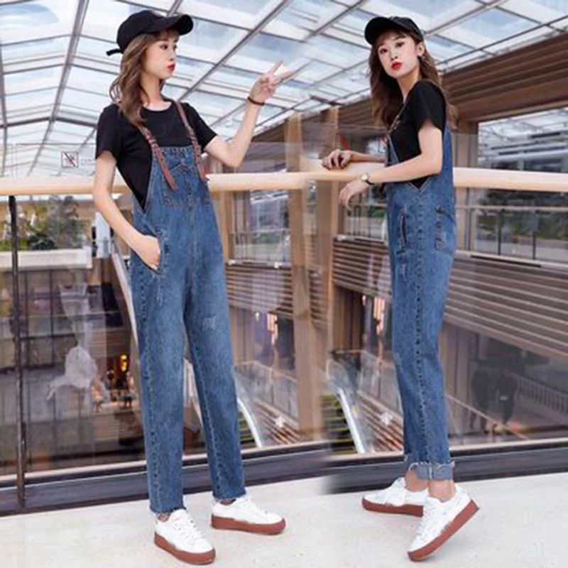 Salopette di jeans da donna Stile coreano Pantaloni larghi a vita alta Pantaloni casual Tasca con cinturino regolabile Tuta da donna Jeans Streetwear 210604