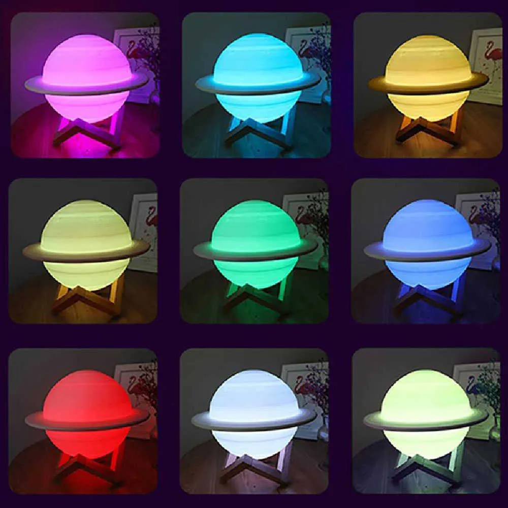 3D Printing Saturn Moon Lamp Night Light Touch / Pat Control 16 Цвета Удаленные дети Подарки Спальня Decor Y0910