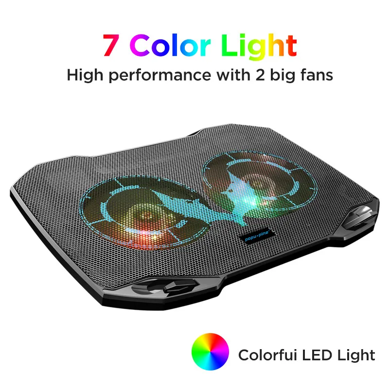 PopuPine Gaming Cooler avec 2 grands ventilateurs silencieux, RVB 7 couleurs Changement de lumière Portable USB Laptop Cooling Pad 11 à 15,6 pouces