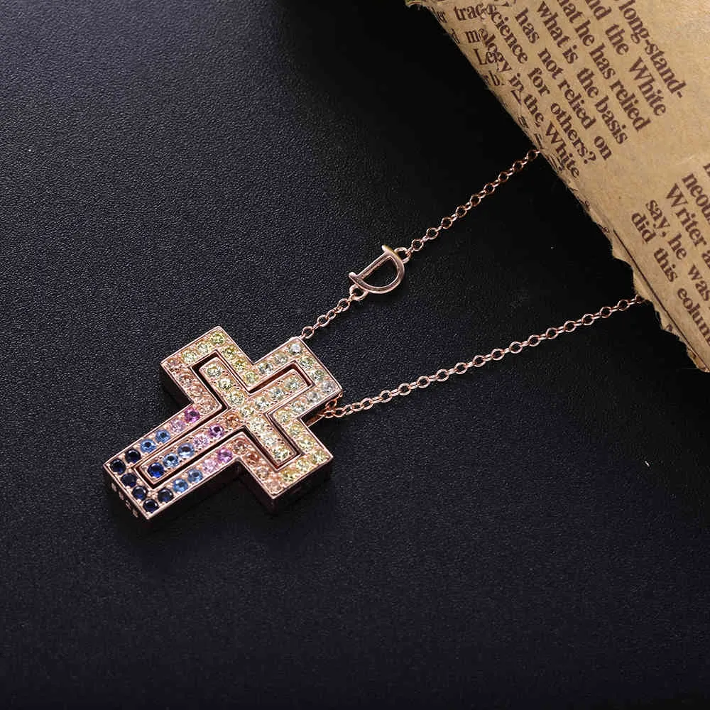 Slovecabin or rose longue chaîne D lettre croix coloré AAA Zircon pendentif collier 925 en argent Sterling JapanWomen bijoux de luxe