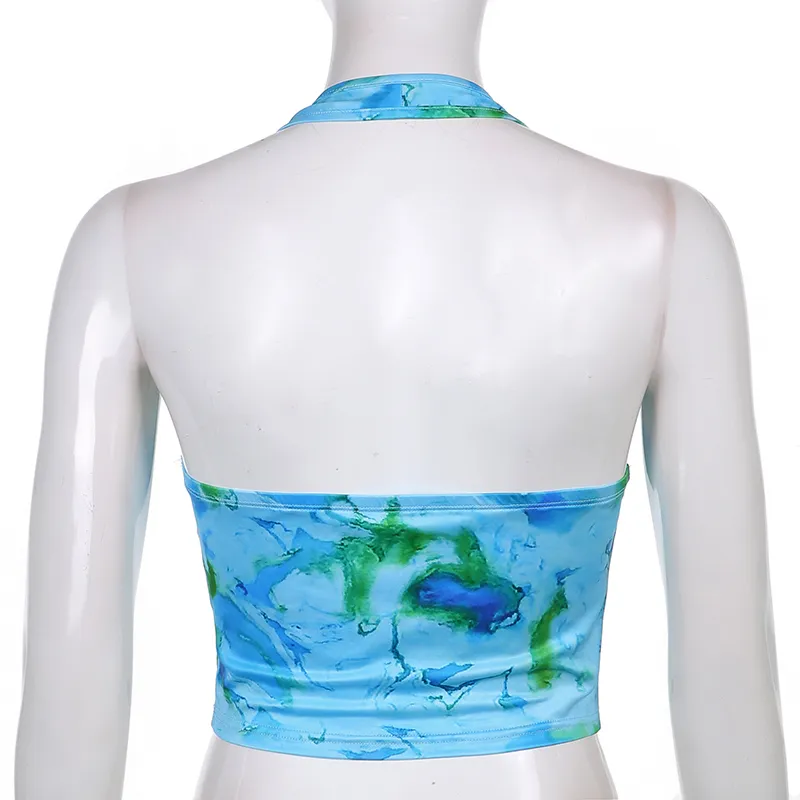 Kravat Boya Baskılı Y2K Kırpma Üst Halter Tankları Yaz Giysileri Kadınlar için Backless Korse Kız Gömlek Kadın Parti Tee Beachwear 210510