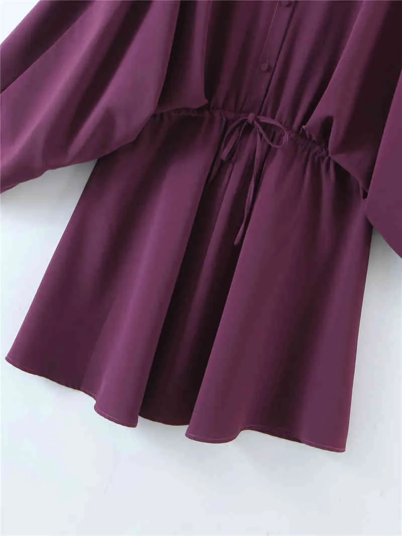 Causal Women Purple Turn Down Collar Dress Fashion Ladies Loose Drawsting Dresses Streetwear Female Chic Mini Vestidos 210427