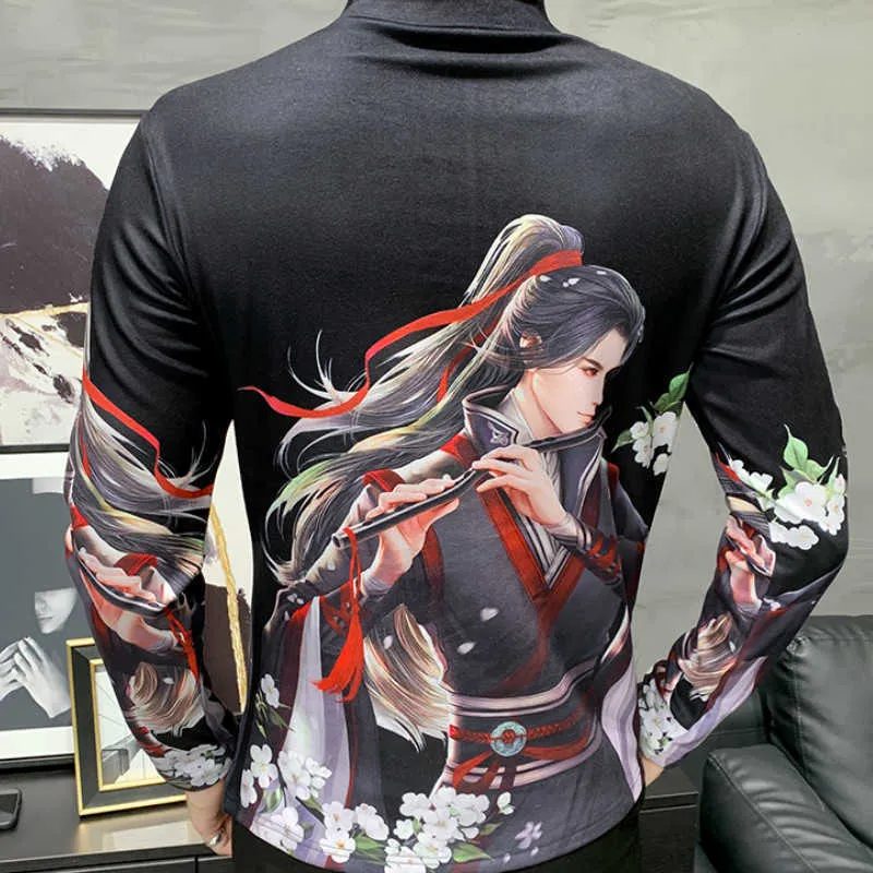 Anime Print Männer T-shirt Langarm Slim Fit Casual T-shirts Hälfte Rollkragen Männer Kleidung Hip-Hop Streetwear Männliche T-stücke tops 210527