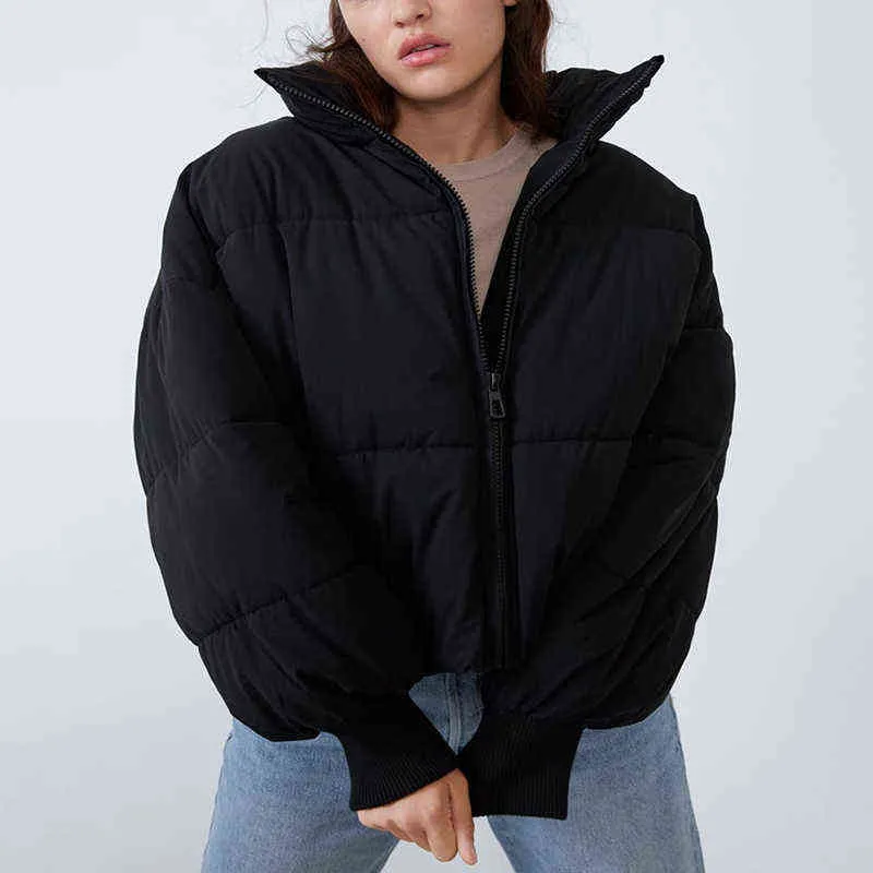 Winter Fashion Puffer Jacket Women Solid Stand Collar Thick Padded Coat Femme Preppy Style Girls Oversized Parkas Coats 211216