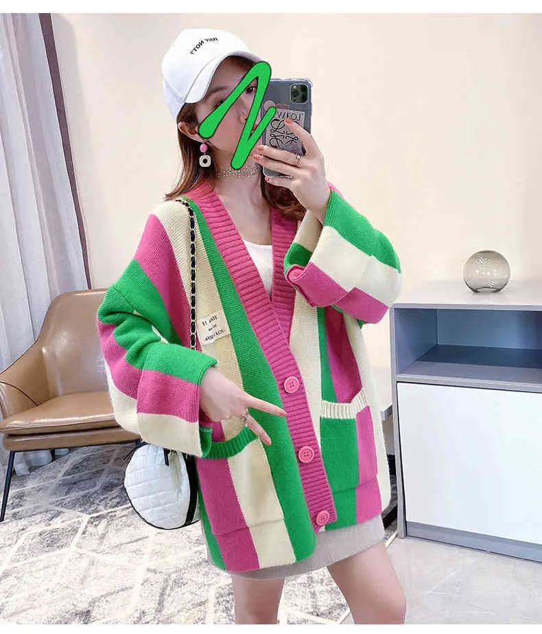 H.SA Women Long Coat Vneck Oversized Cardigans Patchwork Sweater Casual Striped Chic Street Knit Poncho korean Tops 210417