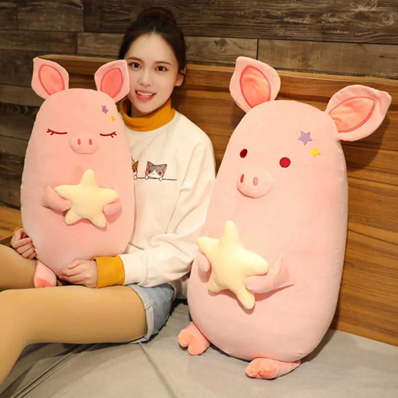 45-80 CM kawaii cochon tenant étoile jouets en peluche belle peluche doux Animal oreiller bébé enfants dormir apaiser poupées coussin 210728