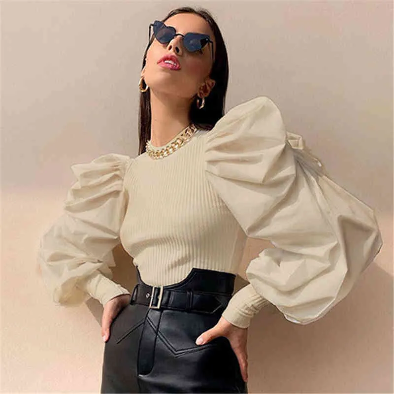 블랙 니트 리브 Y2K 탑 빈티지 퍼프 슬리브 패치 여성 셔츠 긴 미학 니트웨어 Khaki Tee Streetwear 210510