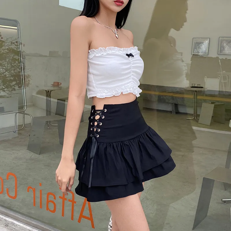 Solid Black Lace-up Tiered Layered Mini Y2K Skirt Women Kawaii Dark Academia Goth Korean Ruched Ruffles Skirts 90s Girls Outfits 210517