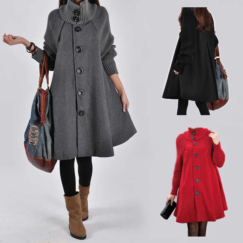 Cappotto da donna autunno inverno lungo allentato plus size maternità gravidanza mantello femminile collo alto giacche a maniche lavorate a maglia 211019