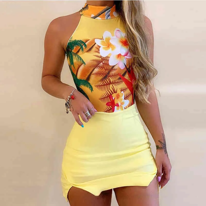 Conjunto de falda ajustada con estampado floral sin mangas de cuello alto amarillo de verano para mujer conjunto de 2 piezas conjuntos de vestido 210521