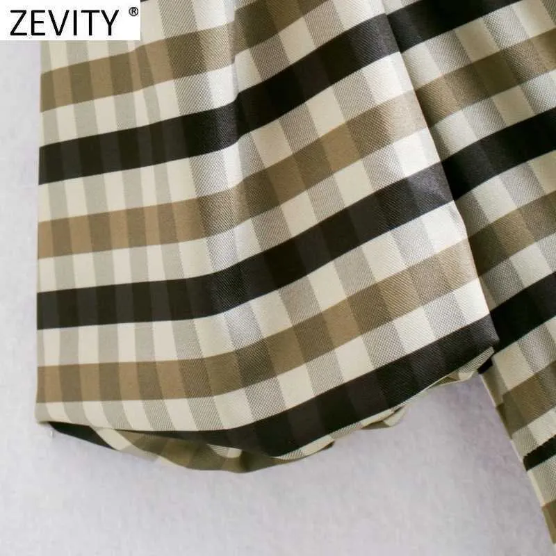 Zevity女性ヴィンテージプリーツパフスリーブ格子縞プリントカジュアルスリム着物ドレス女性レトロシックバックジッパーvestido DS5052 210603