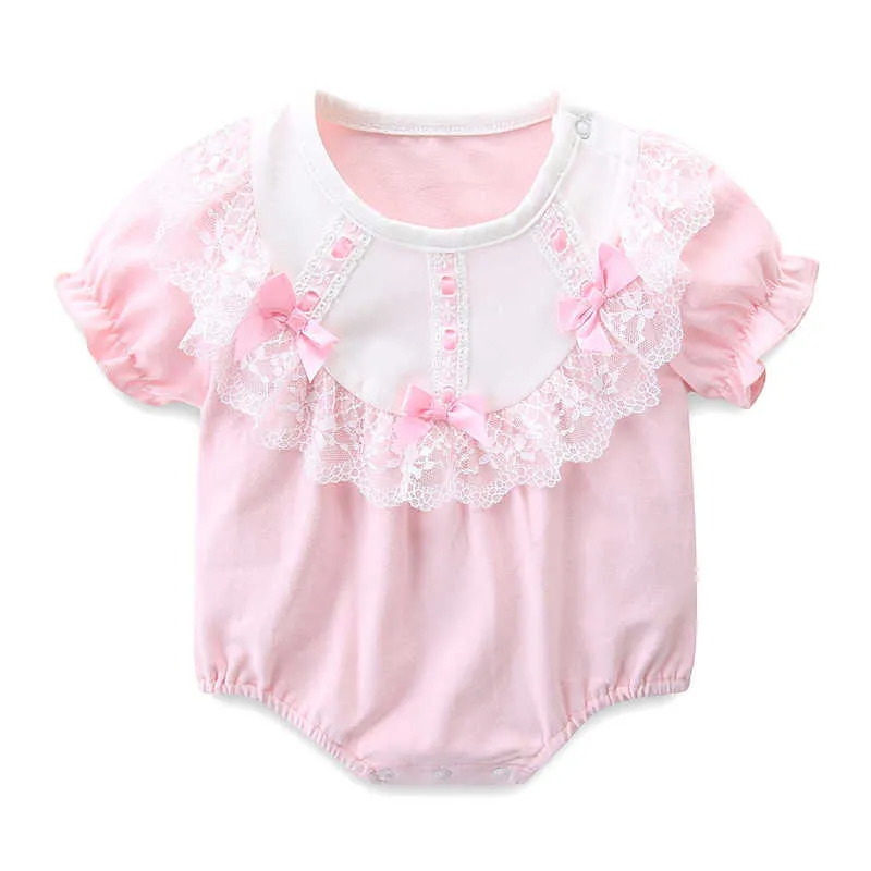 Summer Baby Girl Lace Bow Romper Infant Korean Princess Jumpsuit born Birthday Baptism Clothes Cotton Red Rompers 210615