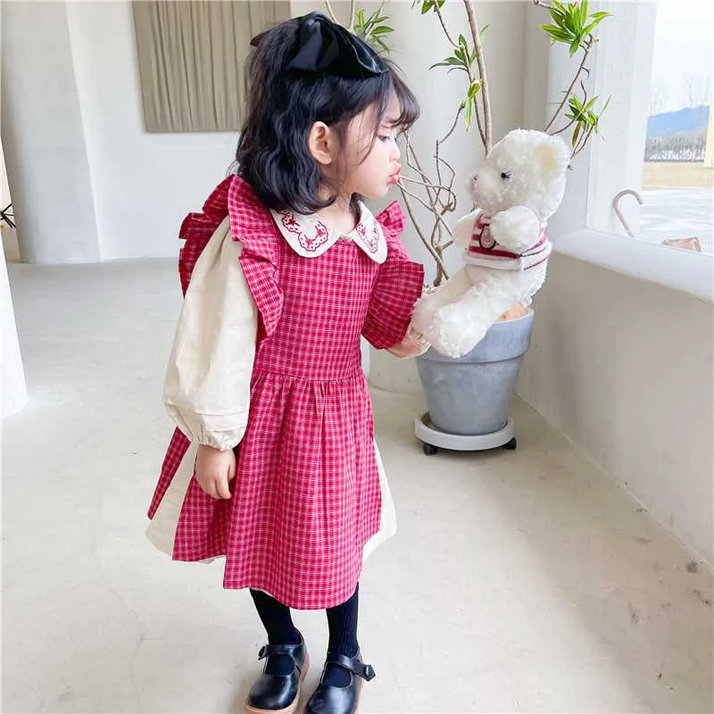 Корейский стиль весенние девочки вышитые фонариковым рукавом платье + плед Smock Princess платья девушки одежда E3588 210610