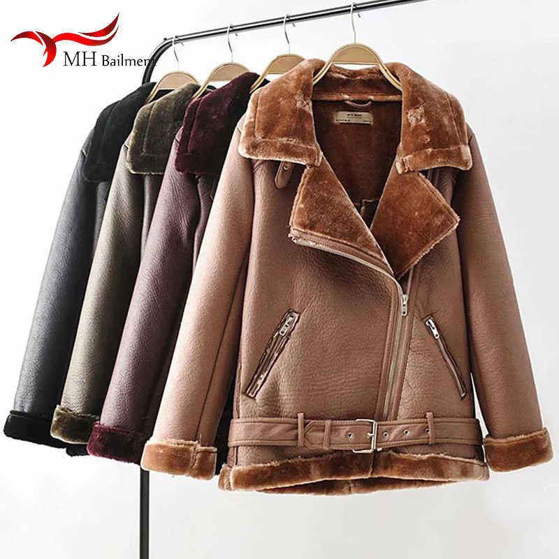 Faux Leather Jacket Winter Thick Warm Suede Lamb Black Outwear Female Retro Lapel Velvet Fur One Coat Woman 211007