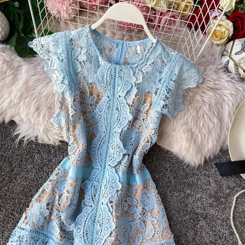 Automne Vintage Dentelle Patchwork Évider Mini Robe Femmes Élégantes De Haute Qualité Irrégulière Robes De Fête 2020 Robe De Mode Nouveau Y0603