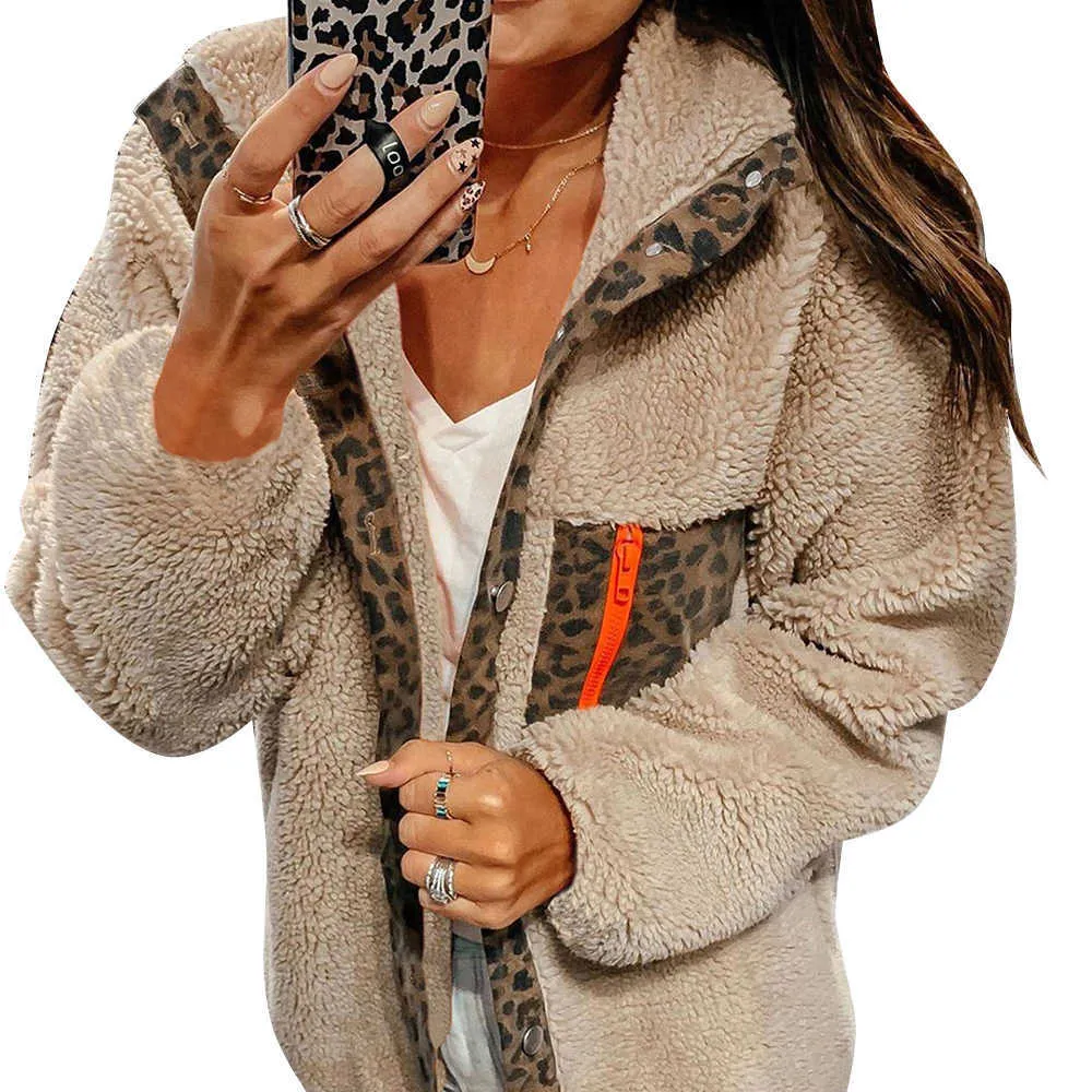 Weibliche Faux Pelz Leopard Print Mit Kapuze Jacke Casual Winter Mantel Warme Teddy Wildleder Sweatshirts Sexy Langarm Tops Herbst Outwear Y0829