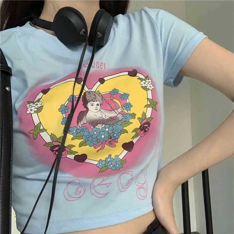 Causal Vintage Halajuku Personnage de dessin animé imprimé Causal Court Design Mignon Frais Femmes Crop Tops 210522