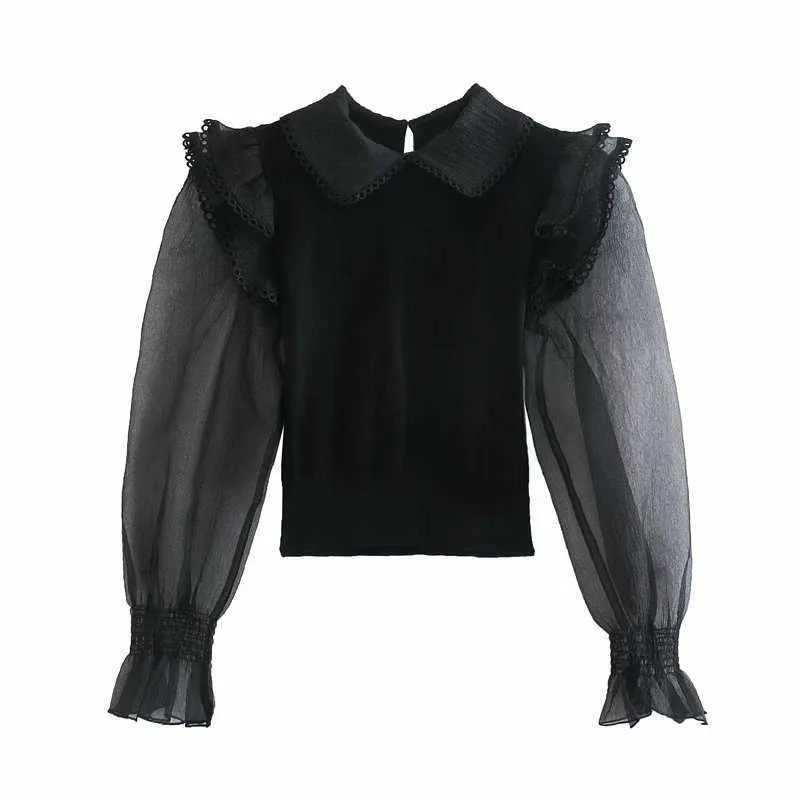 Za Organza Knit Blouse Femmes Transparent Longue Manches Bouffantes Volants Noir Top Femelle Chic Dos Ouverture Vintage Chemises 210602