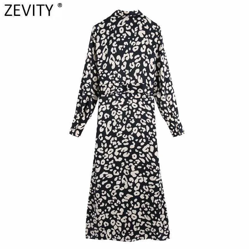 Zevity女性のファッションの折り返しカラーLeopardプリントカジュアルAラインドレス女性シックサシスパーティーvestidoスプリットクロスDS4921 210603
