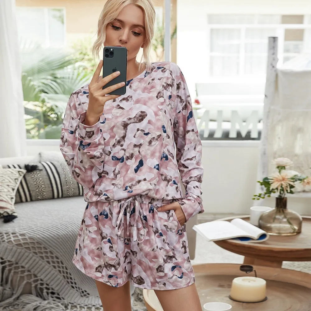 Suit Two-Piece sets print blue Shorts Long-Sleeved Tie-Dye jumpsuit fashion home Casual two piece set jumpsuits women Full 210514