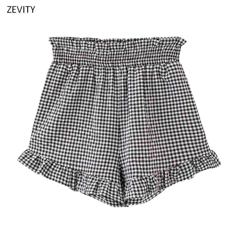 Kobiety Vintage Koronki Abarskie Ruffles Plaid Print Spodenki Damskie Chic Elastyczny Talii Spodenki Pantalone Cortos P830 210420